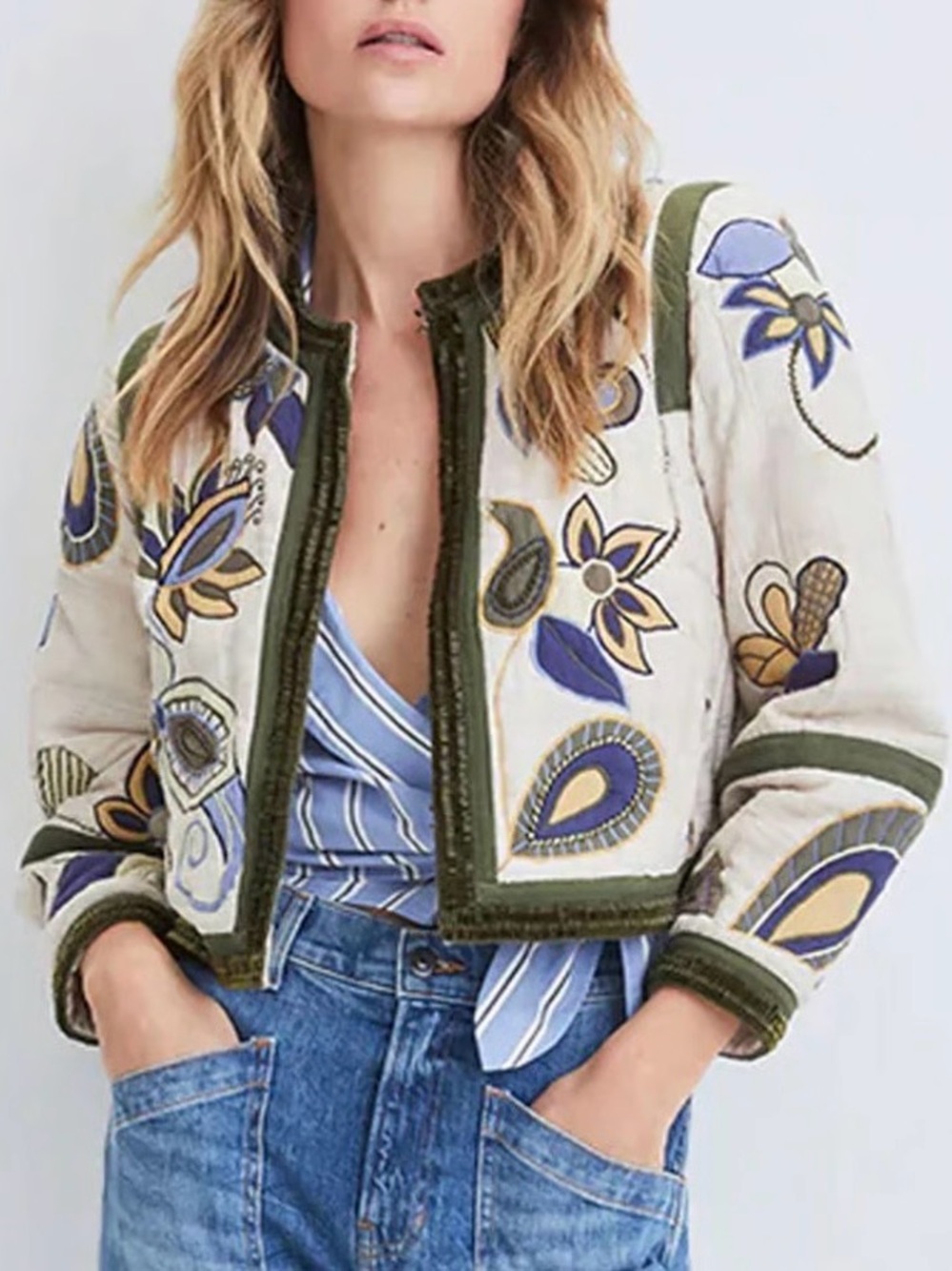 Veronica Beard Benicia Embroidered Cropped Bomber Jacket with Olive & Navy